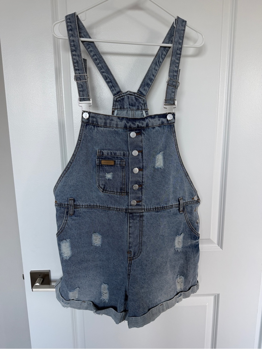 Denim Short Overalls - Distressed Blue